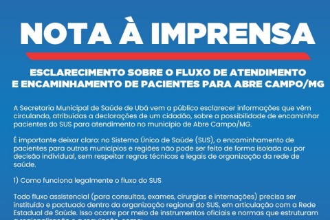 Esclarecimento sobre o fluxo de atendimento e encaminhamento de pacientes para Abre Campo/MG