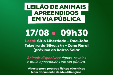 Leilão de animais apreendidos em Via Pública acontecerá em Ubá no dia 17 de Agosto